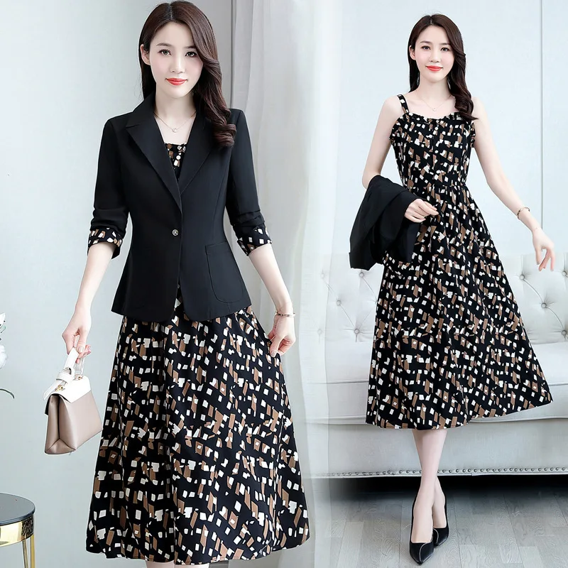 Spring Summer  Suit Jacket Dress Two-piece Women Elegant Thin Professional Wear Korean Fashion Slim Skirt Blazer 2 Piece Set