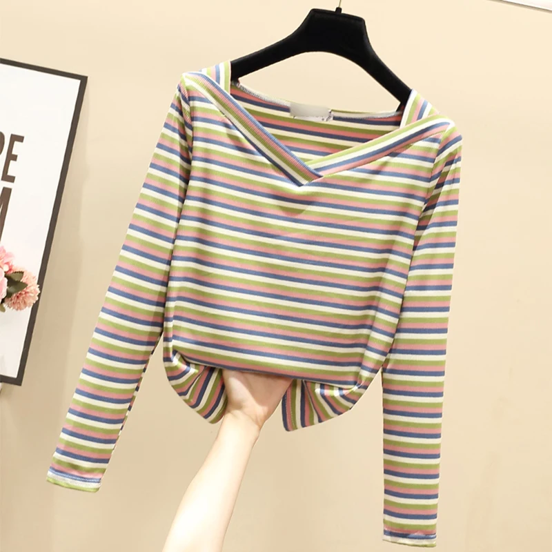 

Spring New T Shirt Womens Patchwork Striped Casual Cotton Long Sleeve tops Female V Neck Loose Simple Short Tee T-Shirt Femme
