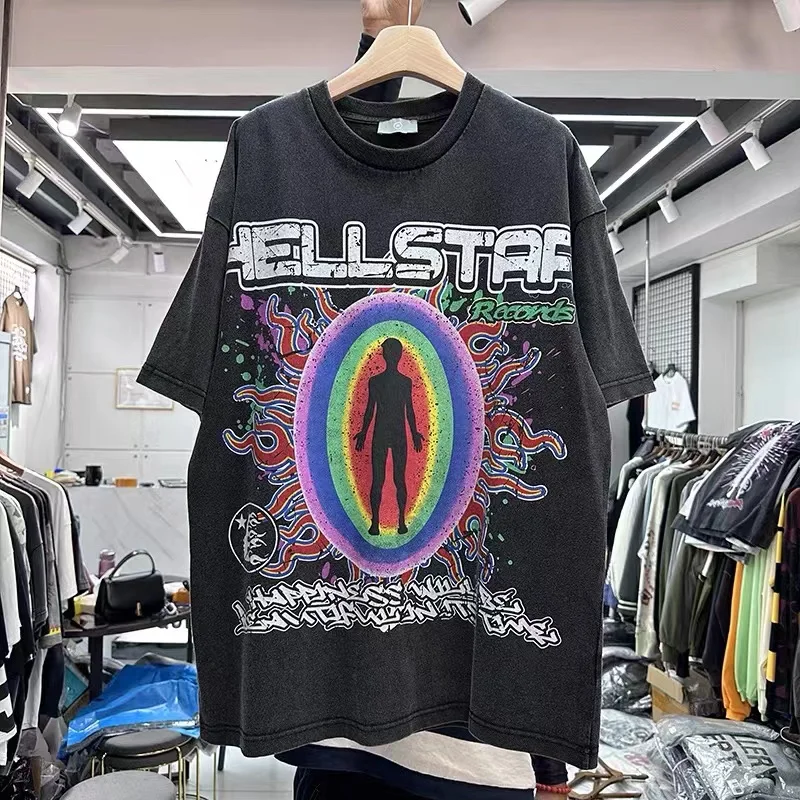 

Oversized 2023ss Wash Black Hellstar Tee Men Women Peace Home Records T-shirt Vintage Short Sleeve Cracked Print Tops