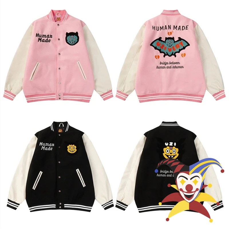 

Pink HUMAN MADE Leather Sleeve Baseball Uniform Jacket Bat Towel Embroidery Coat For Women Men