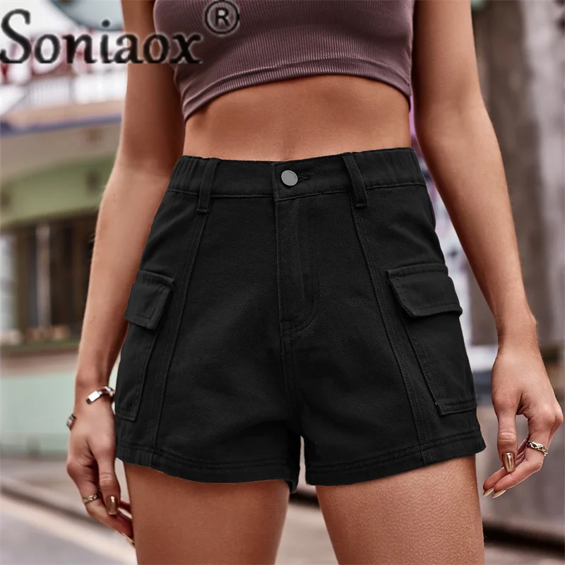 Fashion Solid Color Shorts Summer New Women's Button Splicing Pocket Three Quarter Pants Ladies Casual American Style Streetwear