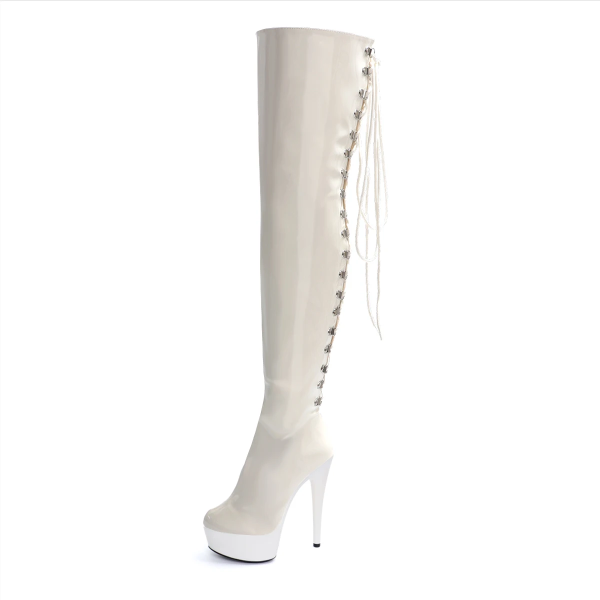 PU High Heels New Fashion 15CM Over The Knee Sexy 6Inches Ladies Pole Dance Shoes Lace Up Red Fetish Women Boot Platform Models