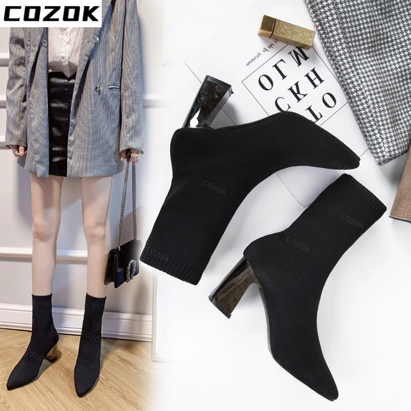 Weave High Heels Boots Women Dress Women Shoes Boots Elastic Fabric Boots Chunky 2022 New Fashion Designer Goth Ladies Shoes