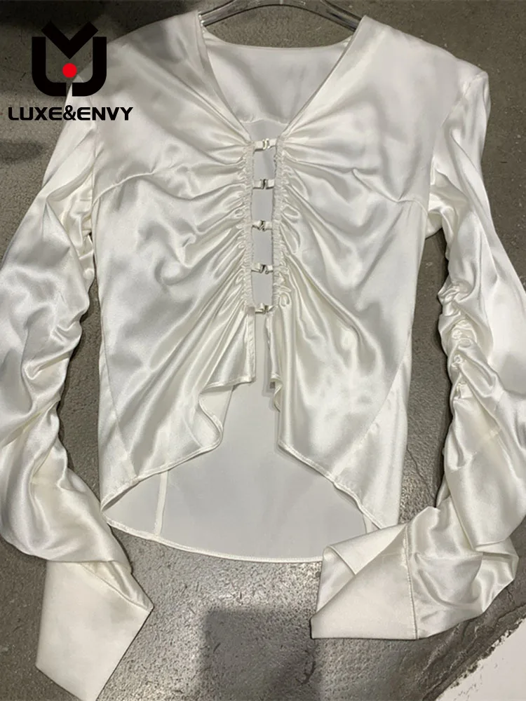 

Роскошная атласная рубашка люкс & ENVY с V-образным вырезом и длинными рукавами, с эластичной пряжкой, пикантный топ на раннюю осень 2023