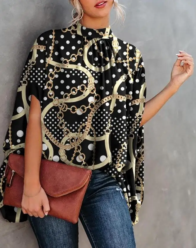 2022 new popular women's polka dot chain print bat sleeve cape design top