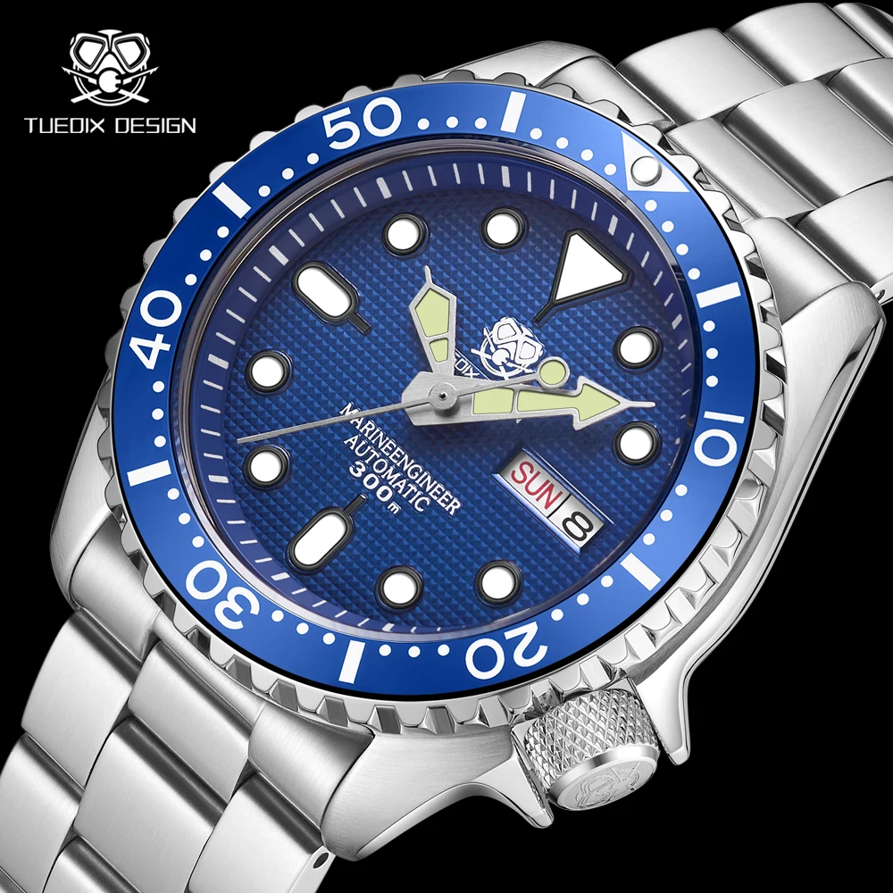 

40MM TUEDIX 300M Diver Watch NH36A Mechanical Men Wristwatch Blue Weekday Calendar C3 Luminous 316L Steel Strap Sapphire