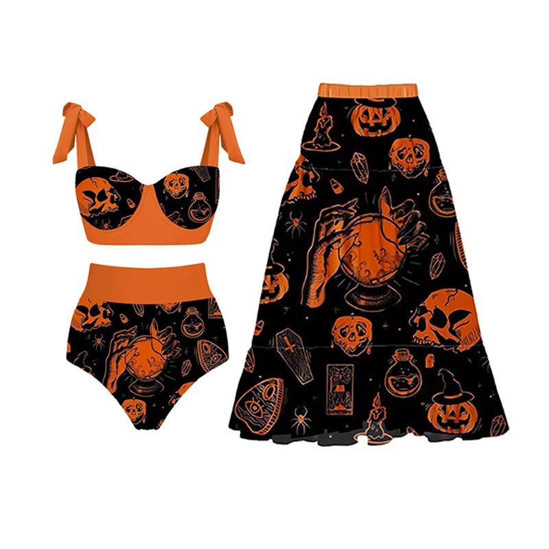 Halloween Print Bikini Chic Bowtie Lace-UpcSwimsuit A-Line Women Dress HIgh Waist Thong Beachwear Two Piece Party Holiday Suits