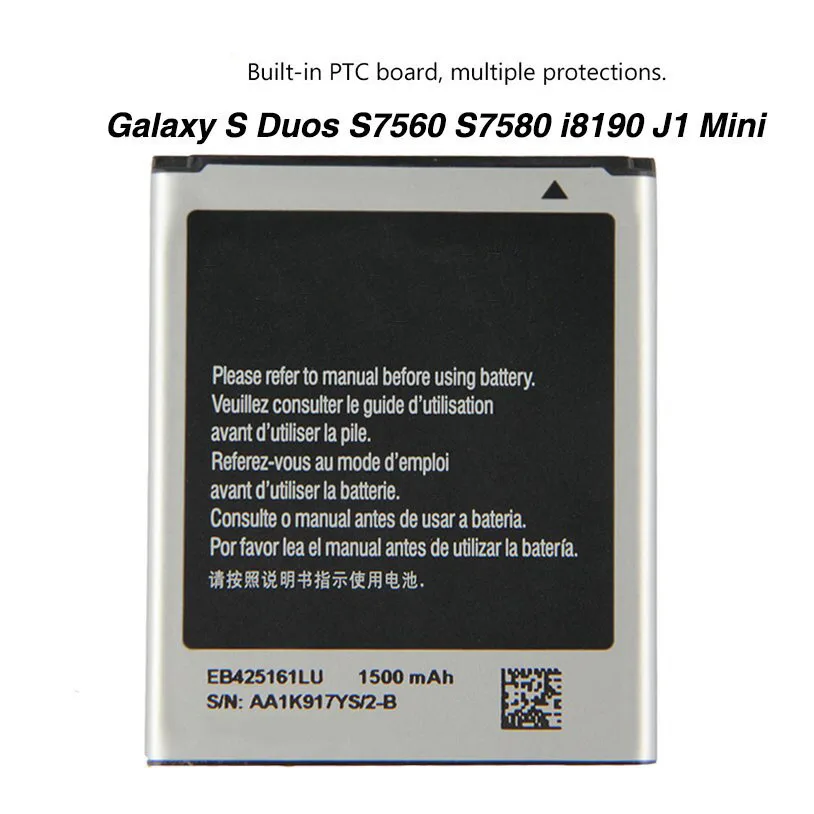 

Original EB425161LU Battery For Samsung GT-S7562L S7560 S7566 S7568 S7572 S7580 i8190 S7582 SM-J105H J1 1500mAh