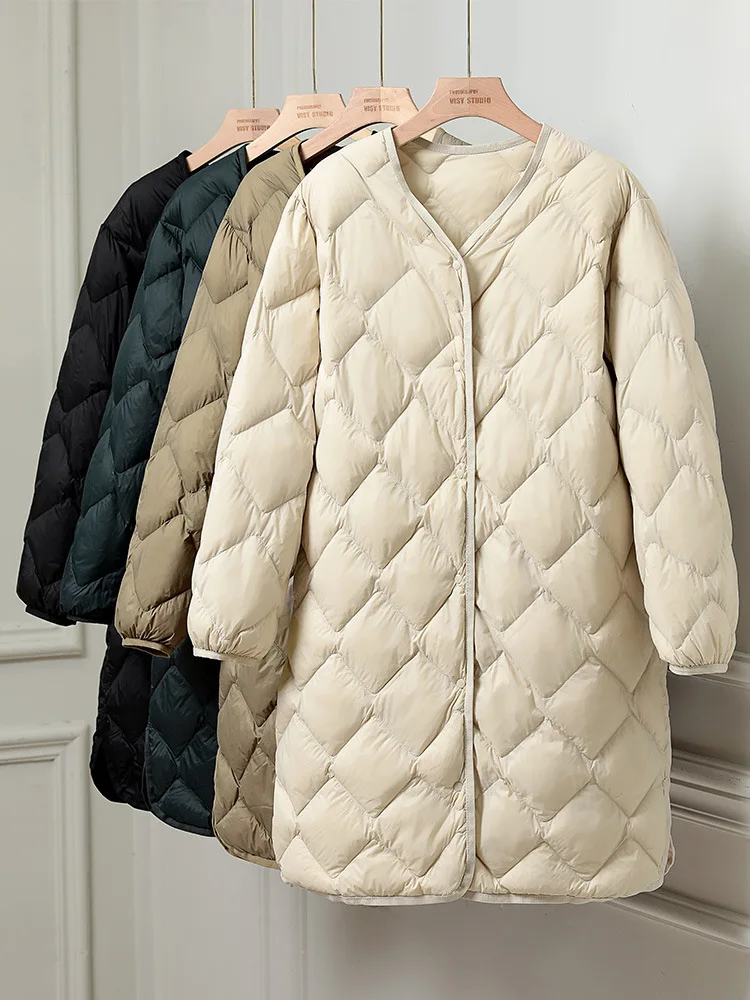 

Autumn Winter Long Oversize Down Jackets Women Light Thin White Duck Down Coat Ladies V Neck Slim Warm Puffer Parkas Outwears
