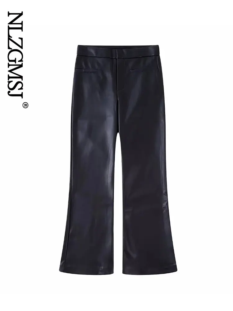 

Nlzgmsj 2022 Women Fashion Side Pockets Faux Leather Flare Pants Vintage High Waist Zipper Fly Female Trousers Mujer