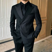 szmanlizi custome homme double breasted wedding suits for men striped peaked lapel black party tuxedos groomsmen blazer pants