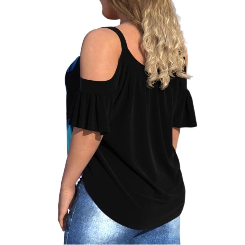 2022 Fashion Plus Size 4Xl Cold Shoulder Tunic Women Summer Ruffles Sleeve 3D Print Strap Ladies Tops Plus Size Women Clothing