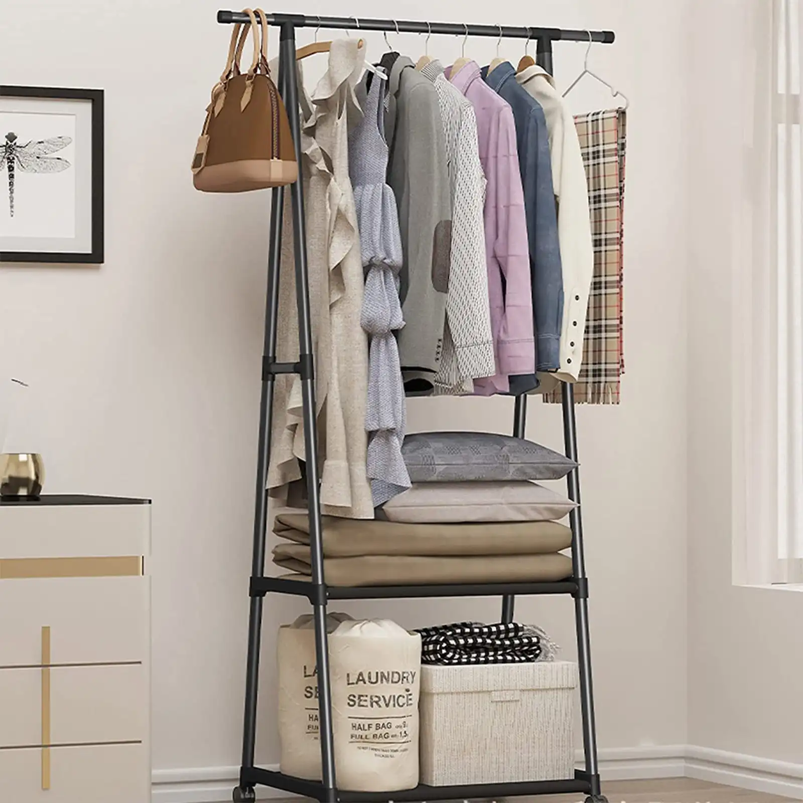 

Clothes Rack 2 Tier, Triangle Coat Rack, Clothes Rack on Wheels, Portable Garment Laundry Rack for Home Office Dorm Black