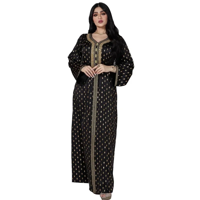 

Eid Abaya Dubai Muslim Turkish Dresses Bronzing Print Diamonds Saudi Arabia Abayas for Women Moroccan Kaftan Islamic Clothing