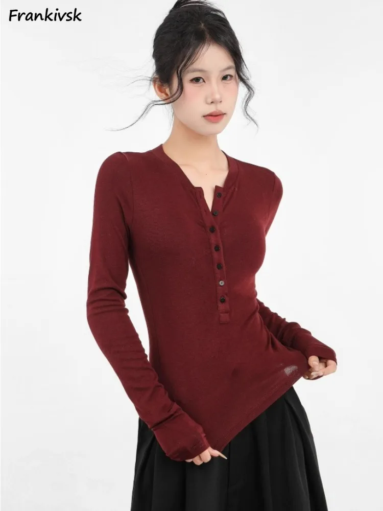 Женская футболка с длинным рукавом V-образным вырезом и пуговицами