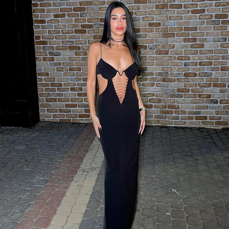 

Cryptographic Elegant Bandage Sexy Cut Out Slip Maxi Dress Party Club Outfit for Women Sleeveless Backless V Bra Dresses Clothes