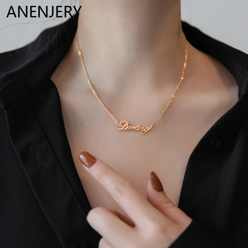 

ANENJERY 316L Stainless Steel Jewelry Not Fading Letter Necklace New Valentine's Day Ladies Necklace Holiday Party Jewelry Gift