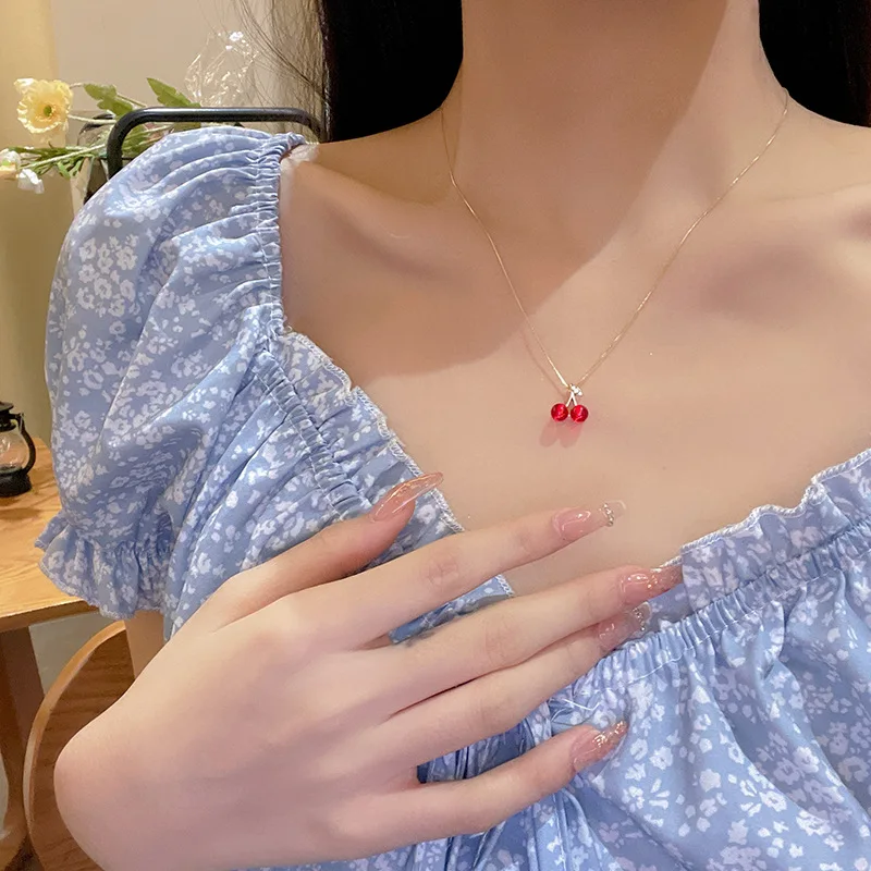 Wine Red Cherry Gold Colour Pendant Necklace For Women 2022 New Personality Fashion Necklace Wedding Jewelry Birthday Gifts images - 6