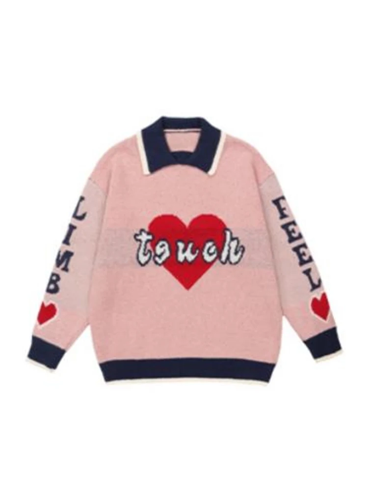 

Sweet Cute Style Print Women Knit Pullover Autumn Winter Loose Casual Lady Sweater Turn-down Collar Retro Knitwear Fashion Cozy
