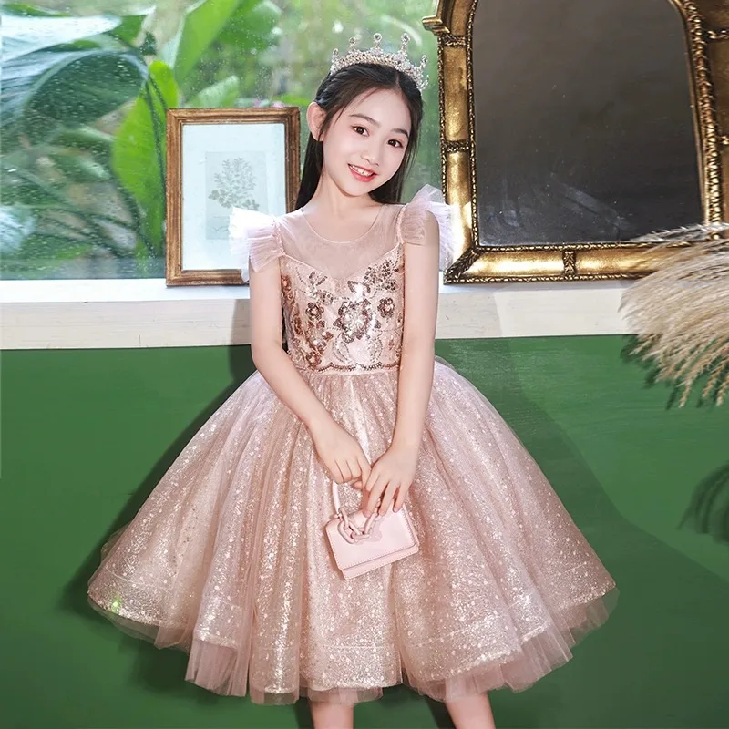 

JICUSYAN Girls Dress Pink Summer Children Birthday Princess Flower Wedding Party Beading Elegant