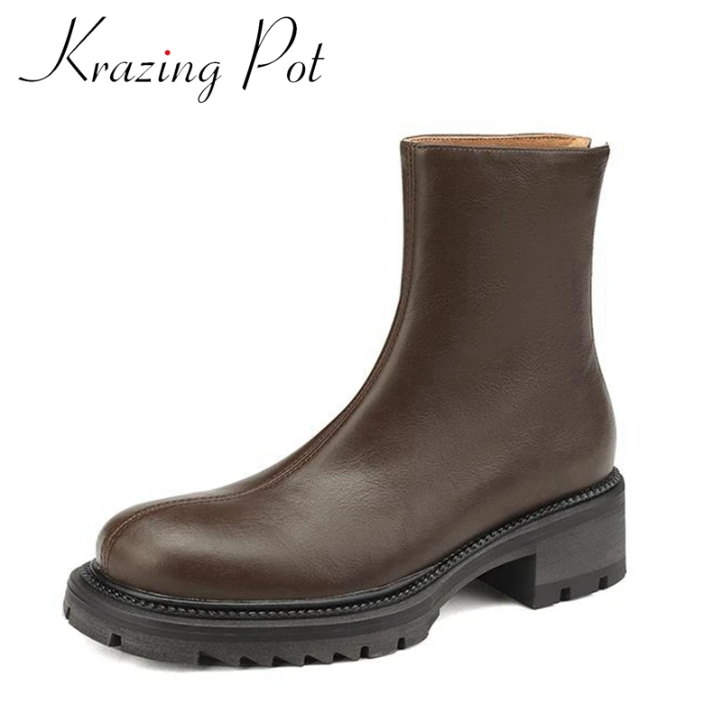 

Krazing Pot Full Grain Leather Round Toe Med Heels Chelsea Boots Large Size 42 Vintage Cozy Joker Platform Zipper Ankle Boots