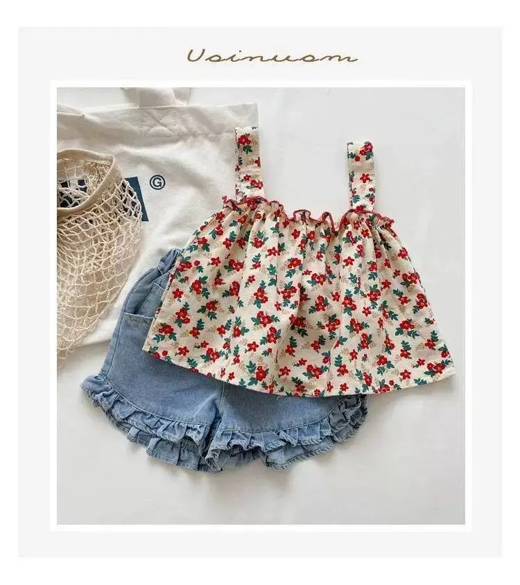 

Children's Clothing From 2 To 7 Years Girl Suit Summer Fashion Baby Korean Comfortable Condole Belt Cute Shorts Two Sets Clothes