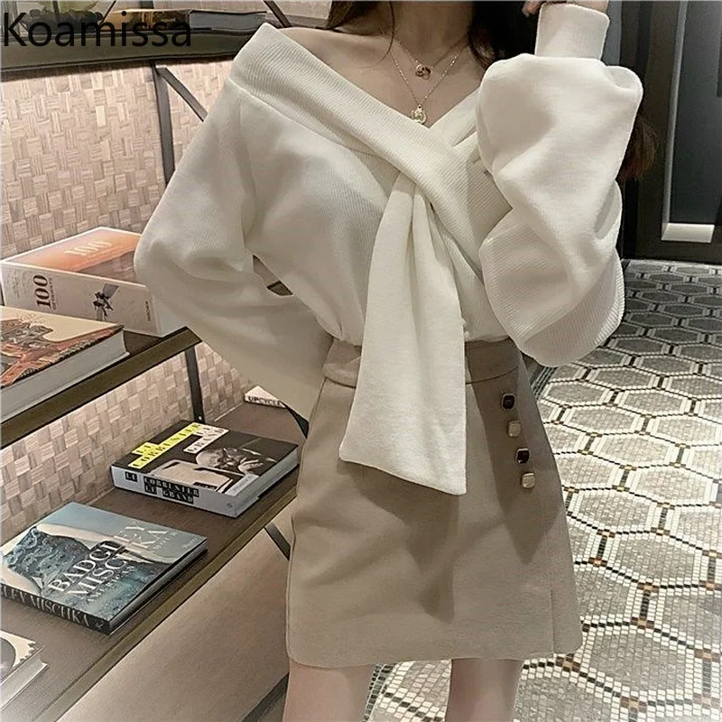 

Koamissa Elegant Women Two Pieces Set Sexy Cross White Long Sleeves Shirt High Waist Solid Mini Short Shirt Office Lady Suit