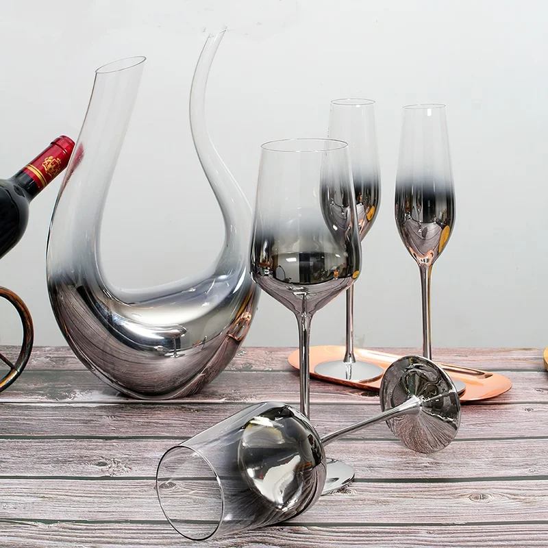 

European-style Crystal Glass Electroplating Silver-gray Gradient American Red Wine Metal Goblet U-shaped Decanter Set