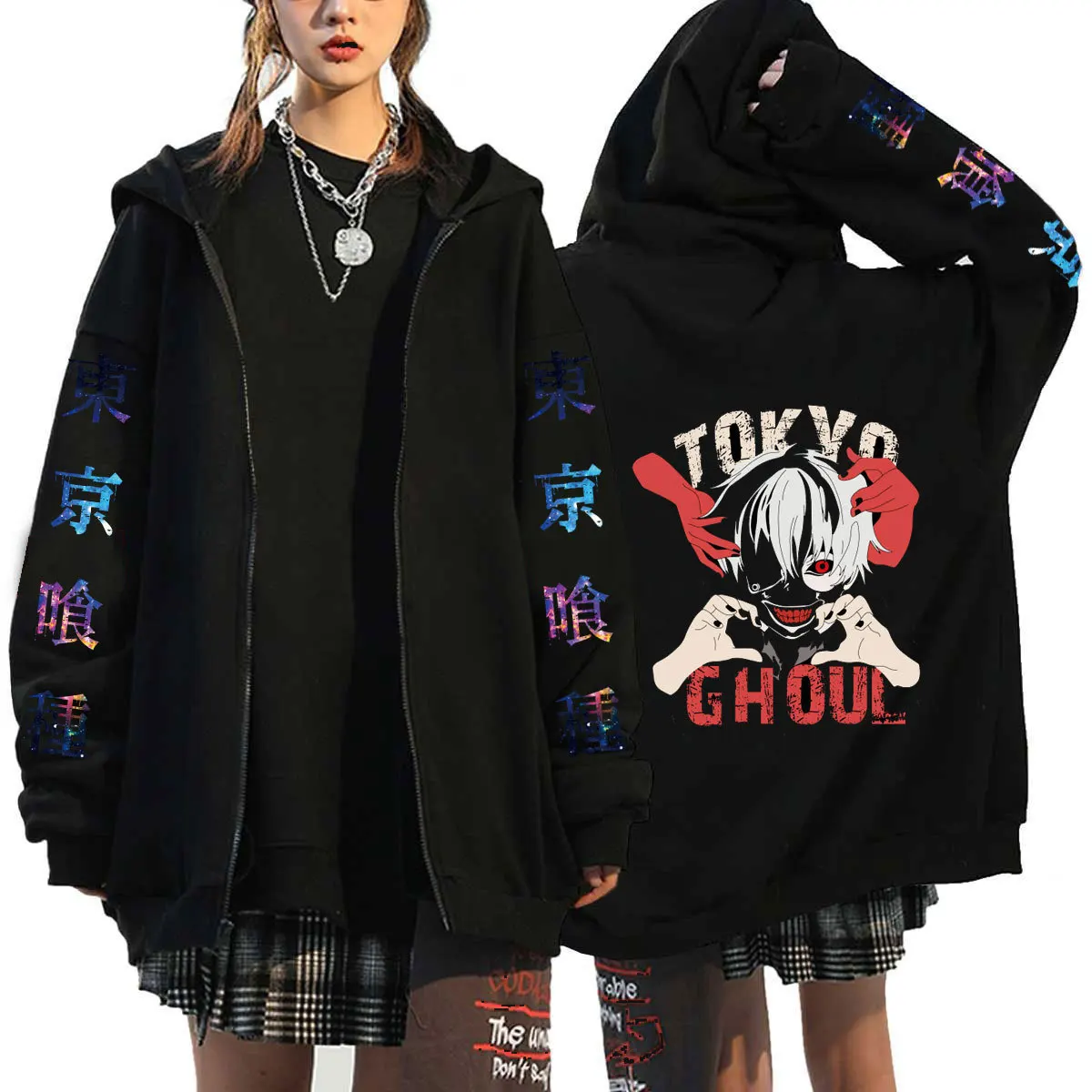 

Zip Up Tokyo Ghoul Anime Hoodies Print Gothic Vintage Oversized Y2K Clothes For Women Hip Hop Streetwear Zip Hoodie Tops