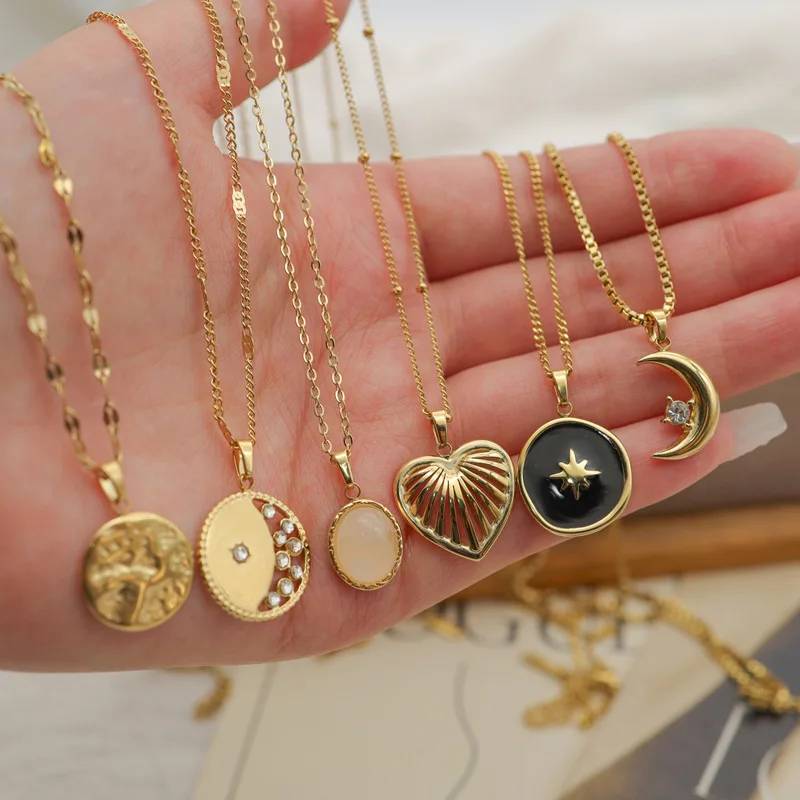 

Korean INS NecklaceTitanium Steel Natural Stone Pendant Necklace Drop Oil Sweet Collar Chain Fashion Jewelry for Summer