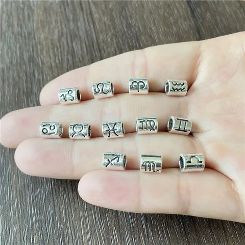 Бусины из тибетского серебра со знаками Зодиака, 12 созвездий, бусины-трубки для самостоятельного изготовления, 4 мм, Круглые Кожаные бусины для ожерелья, браслета, ювелирных изделий, 50 шт.