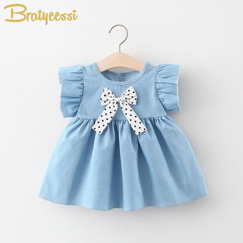 

Новое платье принцессы для маленьких девочек с большим бантом, джинсовое синее детское летнее платье, одежда для маленьких девочек, детские...