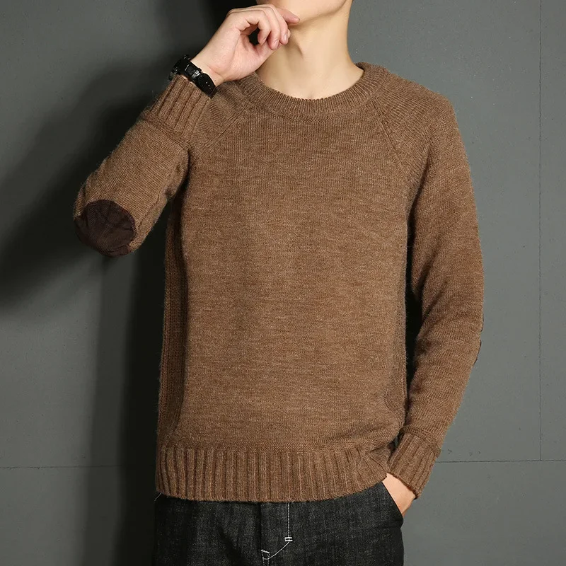Мужской осенне-зимний однотонный свитер с круглым вырезом молодежная вязаная