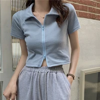 double zip womens cropped top slim fashion short sleeve turn down collar ladies t shirt casual womens cardigan 2022 new style