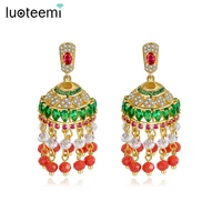 luoteemi vintage indian design big dangle drop earrings colorful aaa cz inlaid red beads tassle bridal fashion jewelry brincos