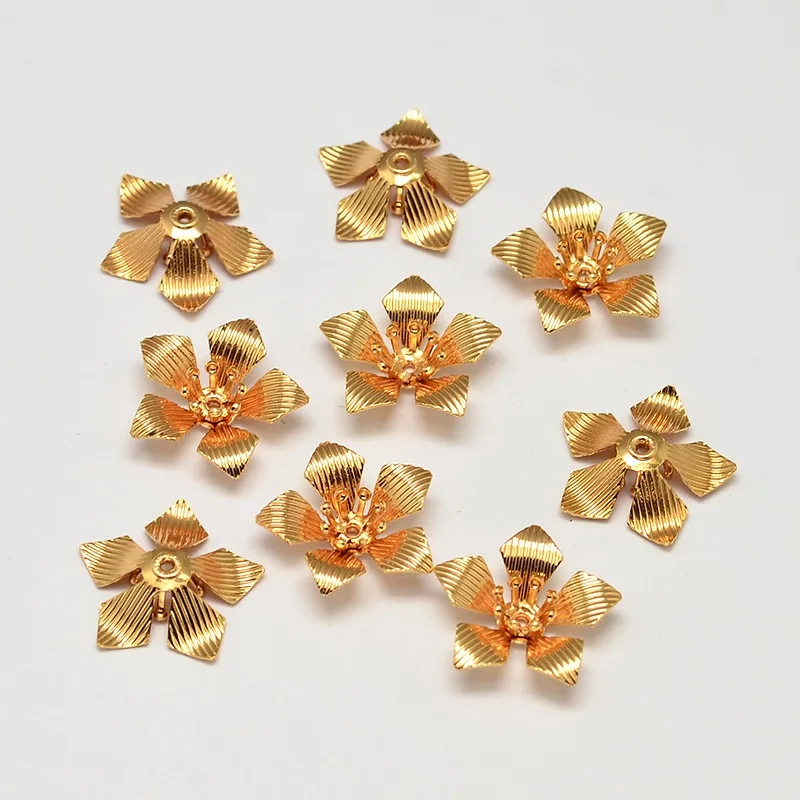 

5-Petal Flower Brass Bead Caps Cadmium Free & Nickel Free & Lead Free Real 18K Gold Plated 17x4.5mm Hole: 1mm
