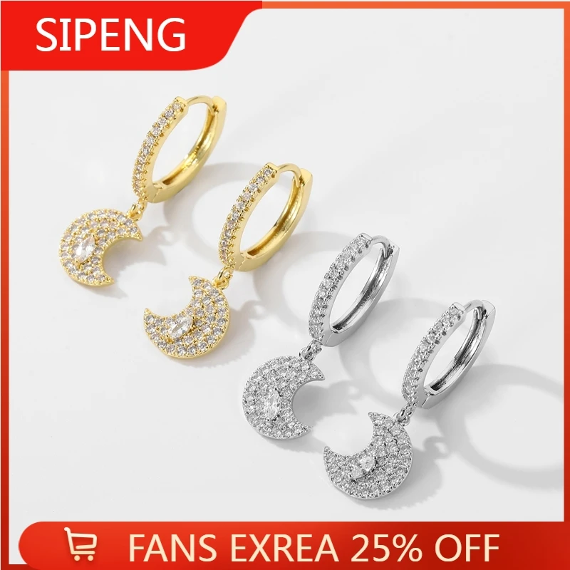 

SIPENGJEL Korean Fashion Zircon Gold Plated Moon Hoop Earrings For Women Retro Drop Pendant Girl Earrings 2022 Trend Jewelry