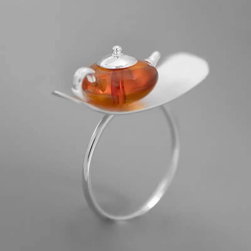 

Creative Design Tea Amber Tea Pot Ring New Chinese Literature and Art Revival Tea Culture S925 Sterling Silver Ring Female