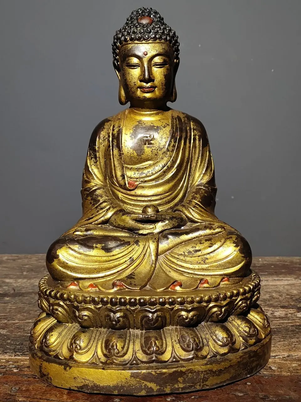 

12"Tibetan Temple Collection Old Bronze Cinnabar Gilt Amitabha Sakyamuni Buddha Lotus stage Worship Hall Town House Exorcism