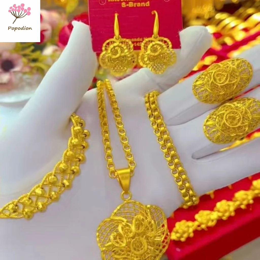 Женское ожерелье кольцо и браслет из Дубая с покрытием 24-каратным золотом