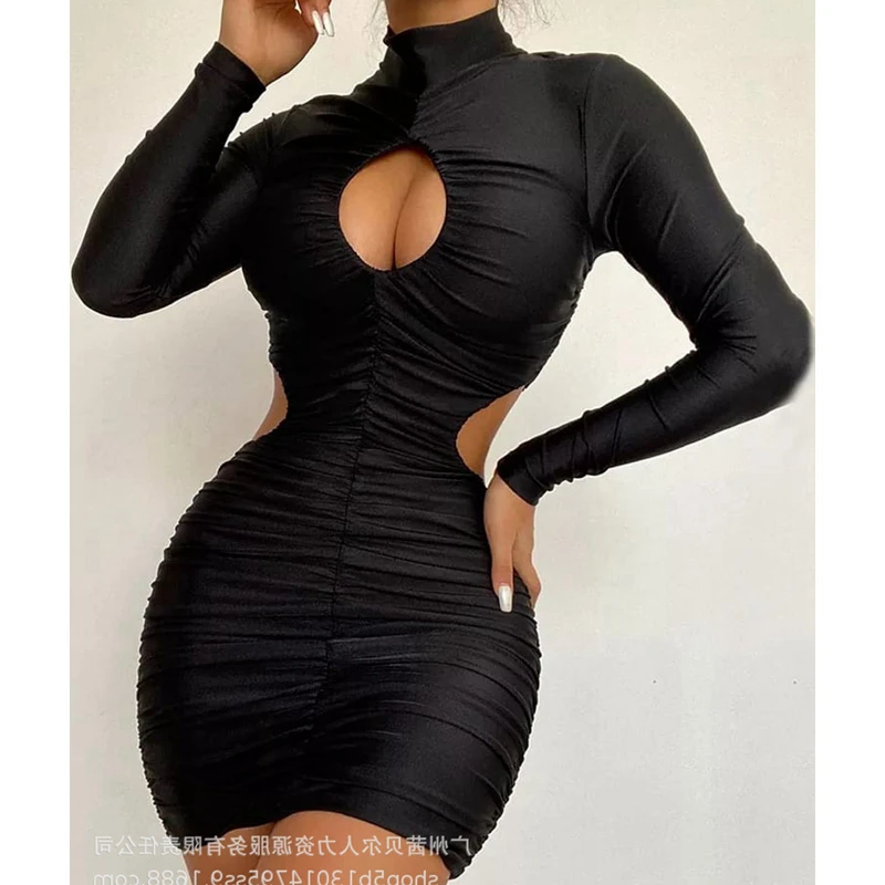 

Women's Dress Summer Sexy Solid Color Slim Fit High Waist Pleated Dress Women's Fashion Long Sleeve Turtleneck Openwork Dress