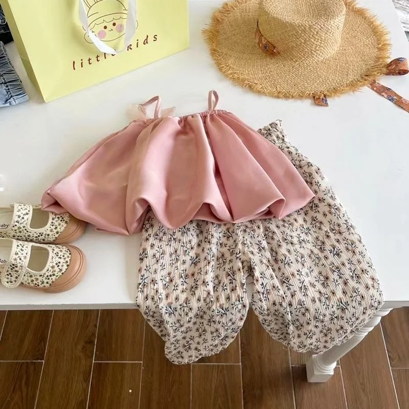 

Sweet Style 2 Pieces Girls Pants Sets Summer 2022 Pink Blouse And Harem Pants Kids Children Clothing Suits Top Quality