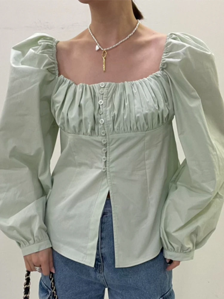 

Блузка Korobov женская с квадратным воротником, шикарная Элегантная короткая двубортная Свободная рубашка с рукавами-фонариками, модный топ на весну