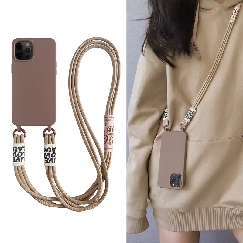 

Lanyard Solid Color Soft Case For iPhone 13 MiNi 12 11 Pro Max XS XR X 8 7 Plus SE Stylish Korea Strap Silicone Cover