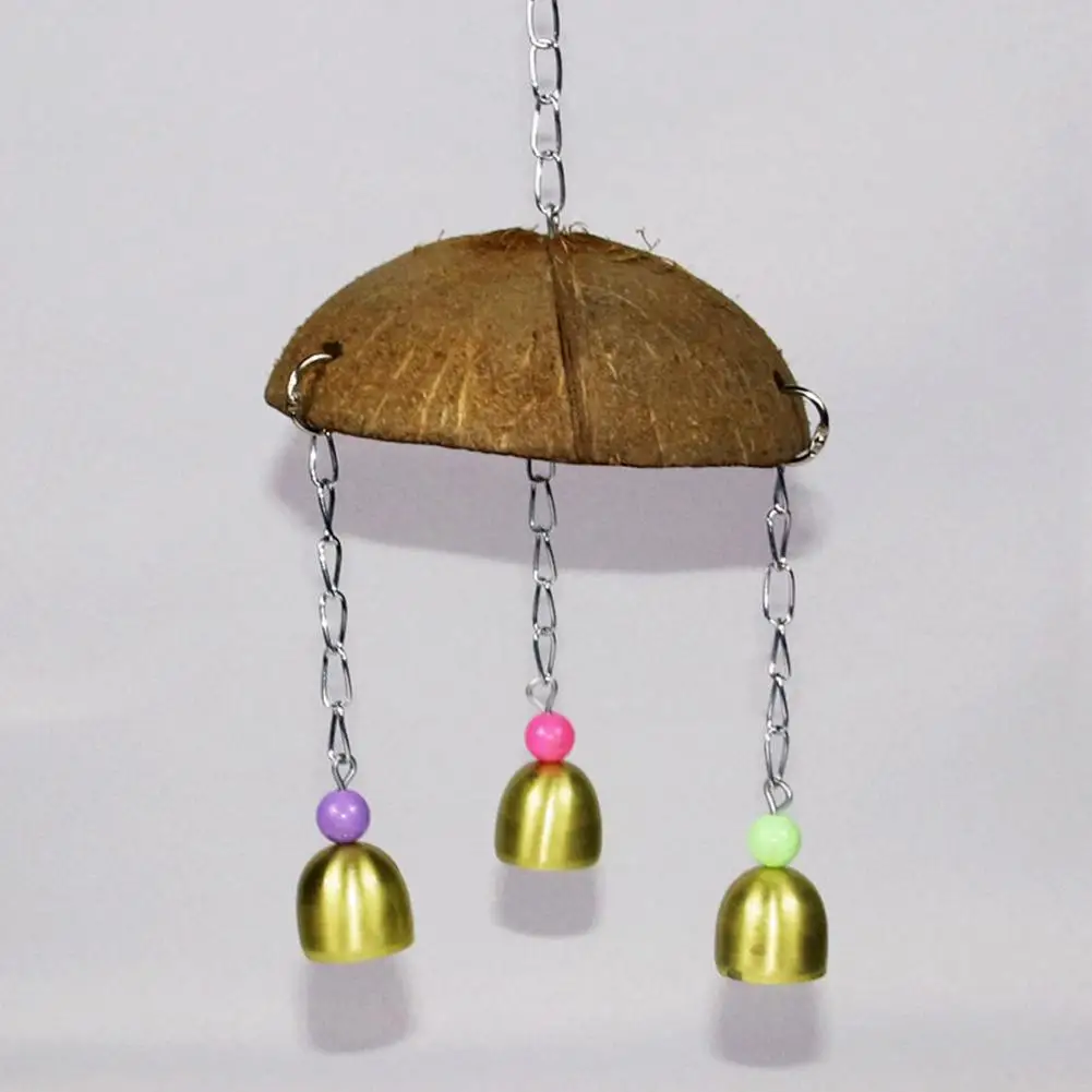 

Pet Bird Parrot Natural Coconut Shell Hanging Ornament With Bell Bird Swing Perch Stand Pet Supplies