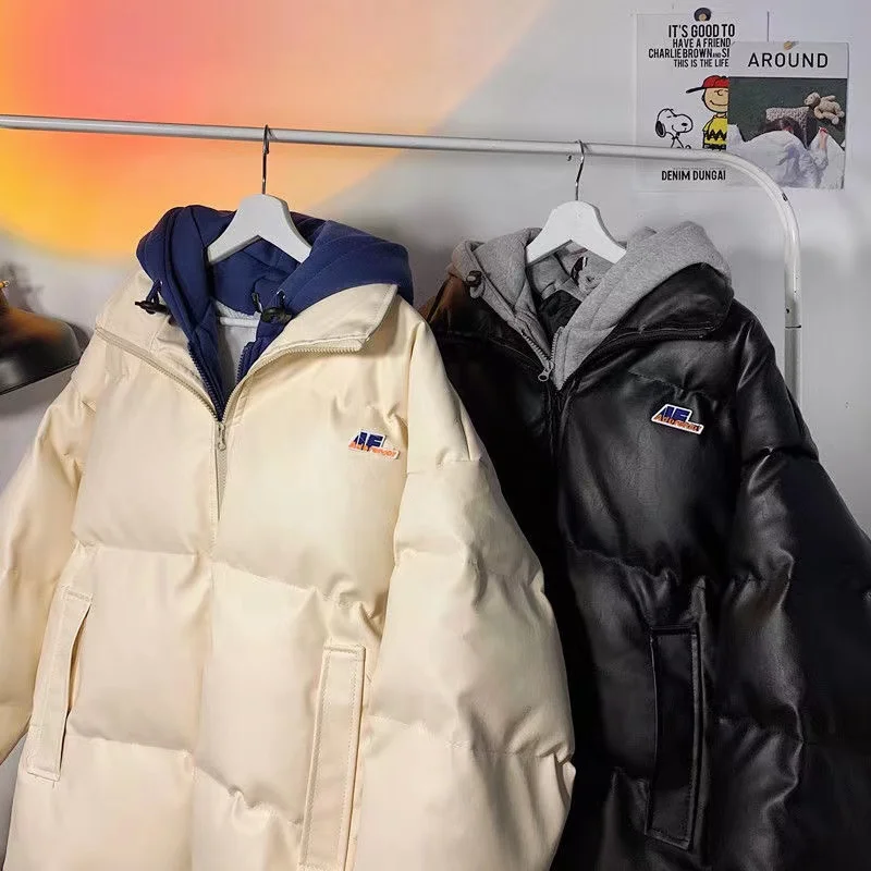 Winter Fake Two-Piece Hooded Cotton-Padded Coat Korean Style Loose PU Leather All-Matching Girls Boys Coat Couple Outerwear