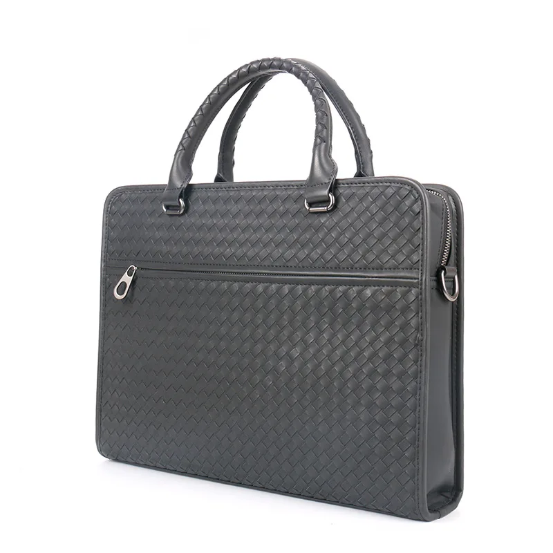 Men's luxury brand business briefcase high-capacity high-grade leather woven classic one shoulder handbag 14 inch computer bag