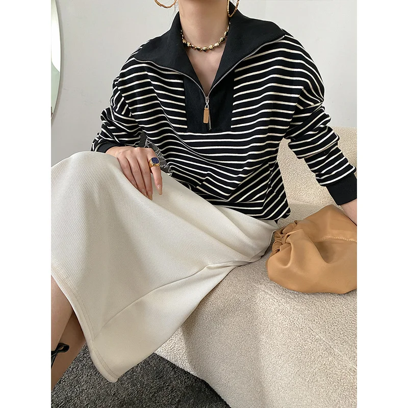 

Zipper Polo Collar Striped Sweatshirts 2022 Autumn Winter Turn Down Collar Loose Long Sleeve Color Block Casual Pullovers Tops