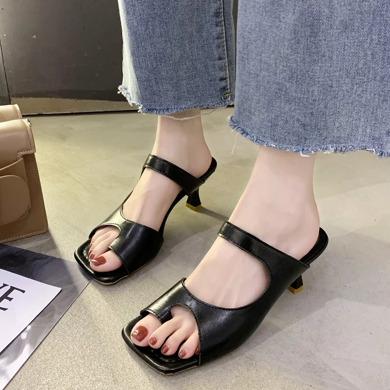 

Slippers Women Summer High-Heeled Shoes Lady Square Toe Pantofle Med Slides Fashion Rubber Flip Flops Thin 2022 Luxury Hawaiian