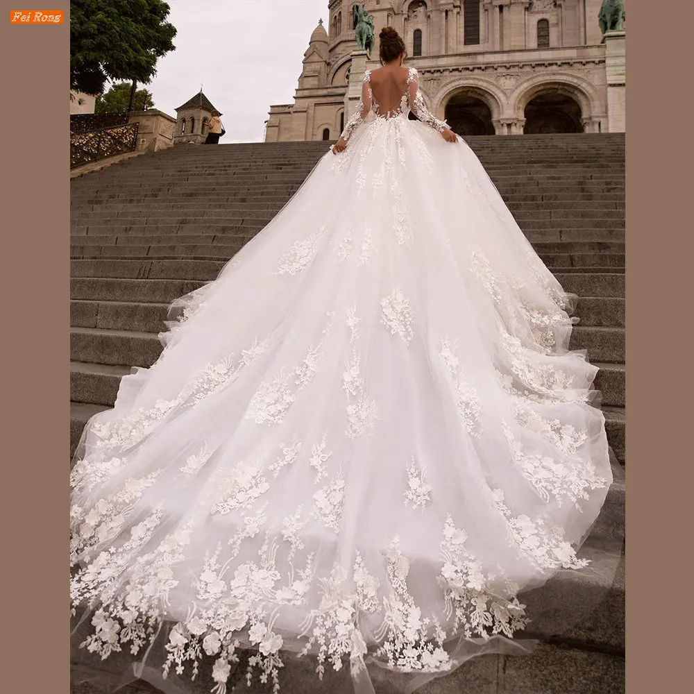 

Romantic Wedding Dress Lace Appliques Vestidos De Novia Long Sleeves Scoop Neck Chapel Train Bridal Ball Gown свадебное платье